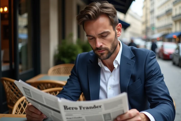 Homme français en costume lisant un journal à Paris