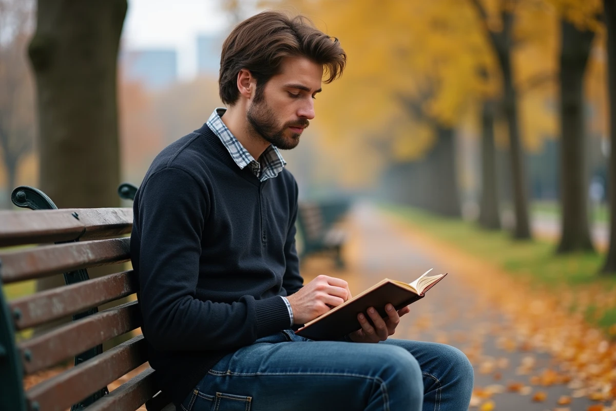 Homme en cardigan sur un banc dans un parc automnal