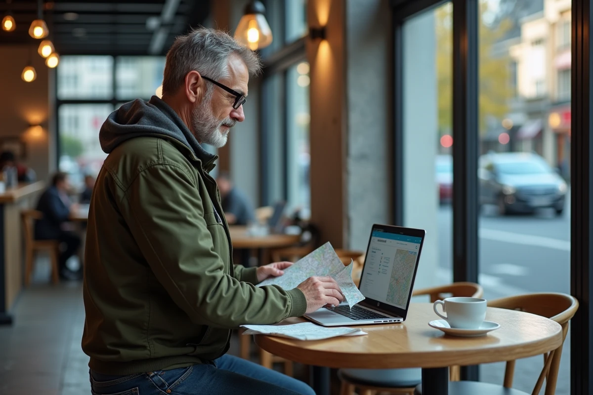 Homme planifiant un voyage en ligne avec une carte imprimée dans un café moderne en milieu urbain