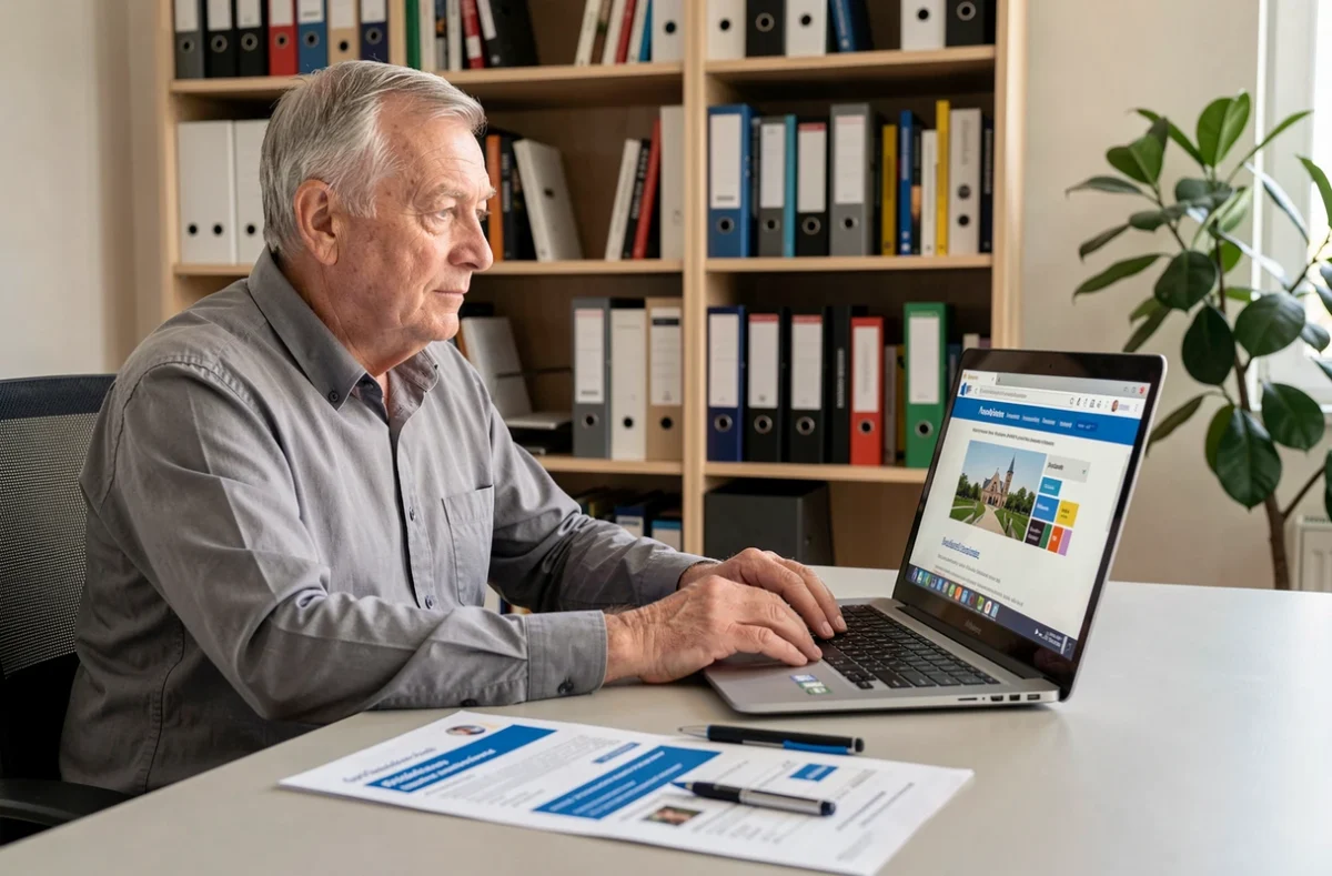 Homme retraité consultant le site de la Carsat sur son ordinateur portable à domicile