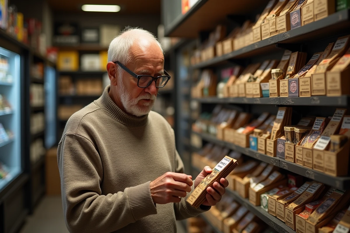 Homme âgé examinant des paquets de tabac en boutique