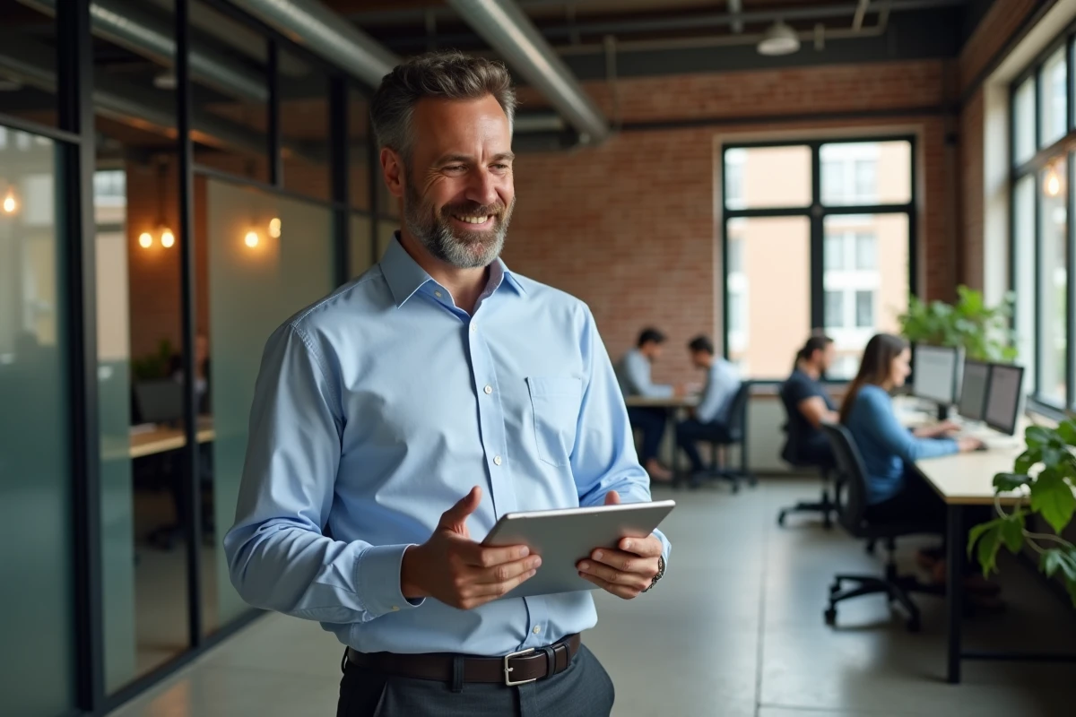 Homme dans espace de coworking avec tablette