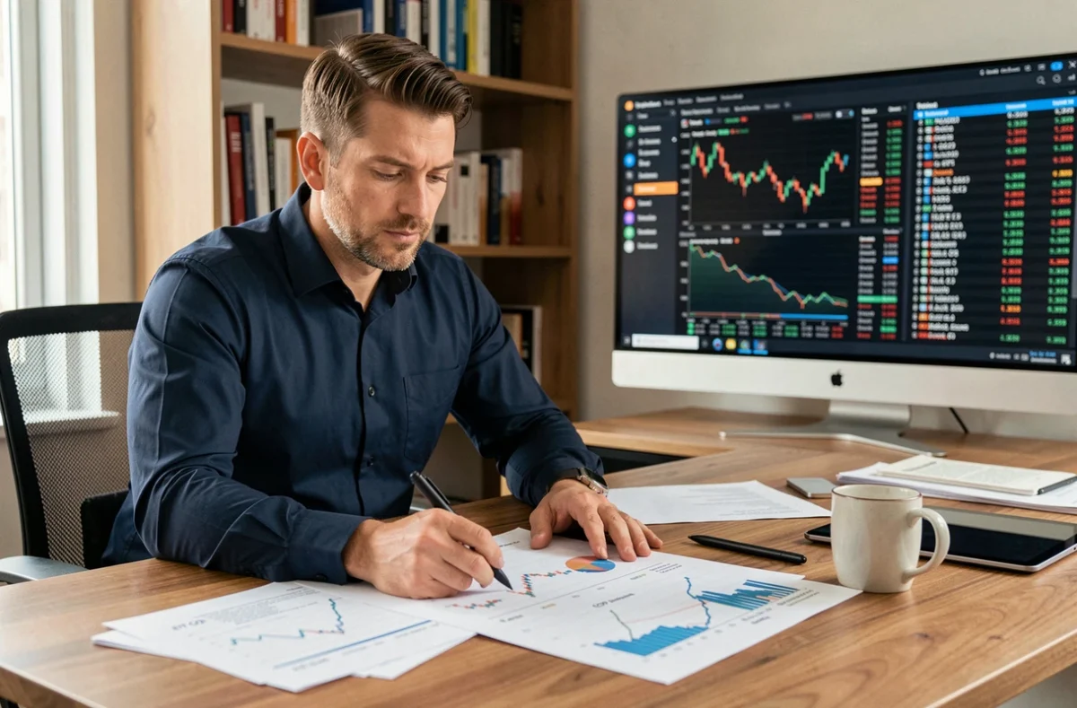 Investisseur analysant des graphiques comparatifs ETF et CFD sur son bureau à domicile