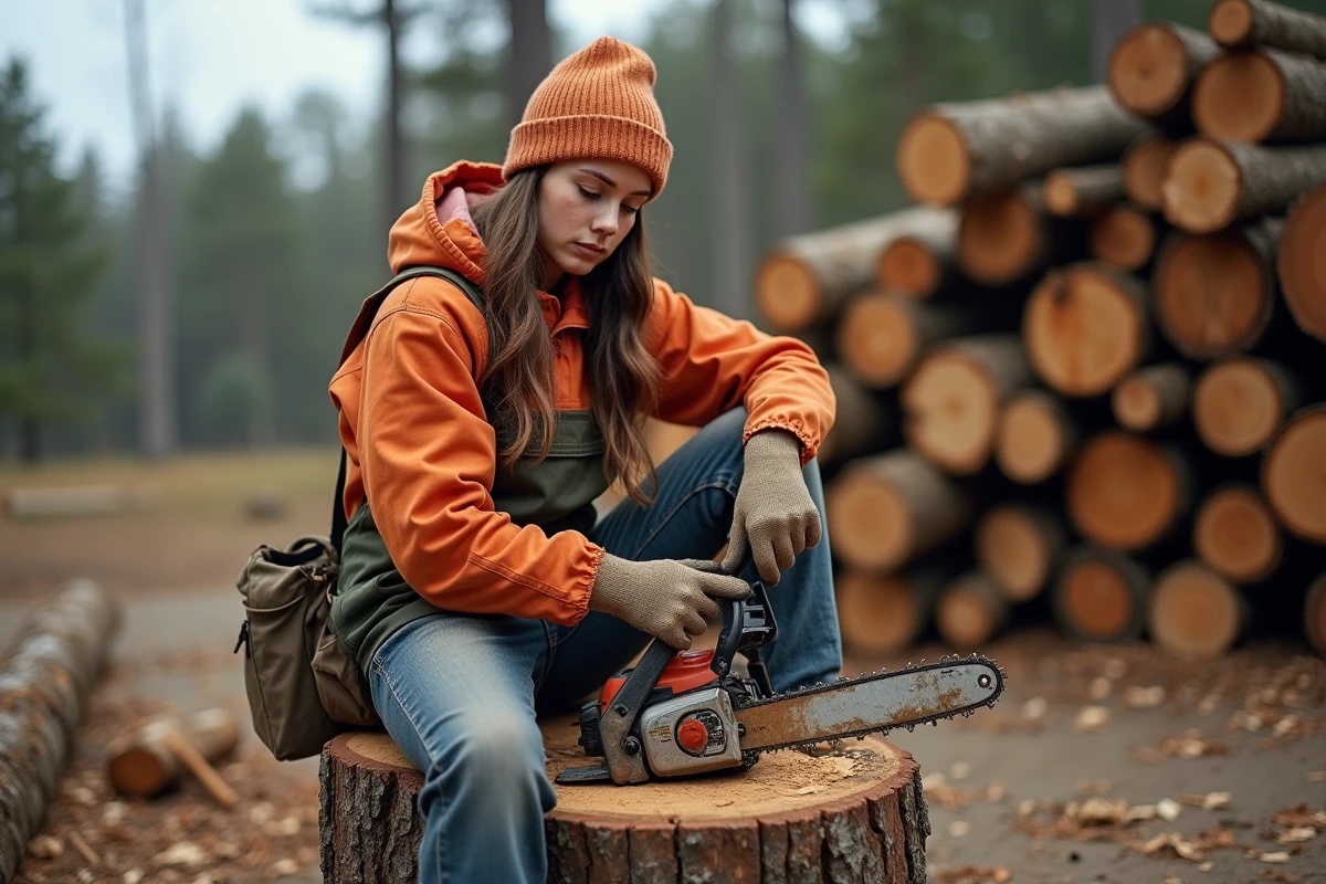Jeune femme affûtant une chaîne de tronçonneuse en extérieur