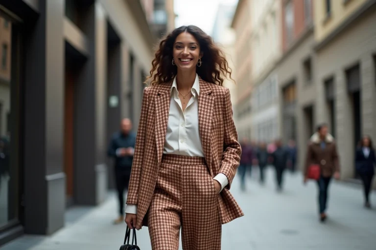 Jeune femme en blazer tendance marche dans la ville