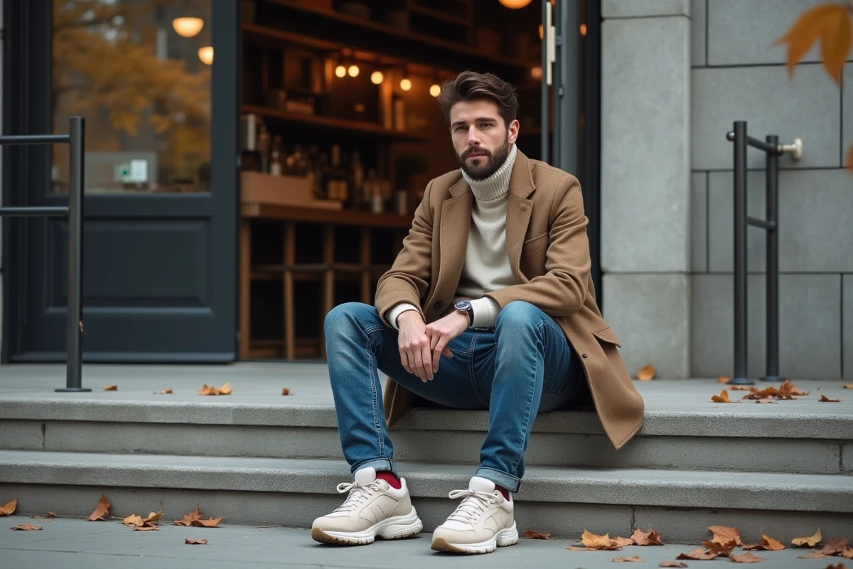 Jeune homme en streetwear assis devant un café