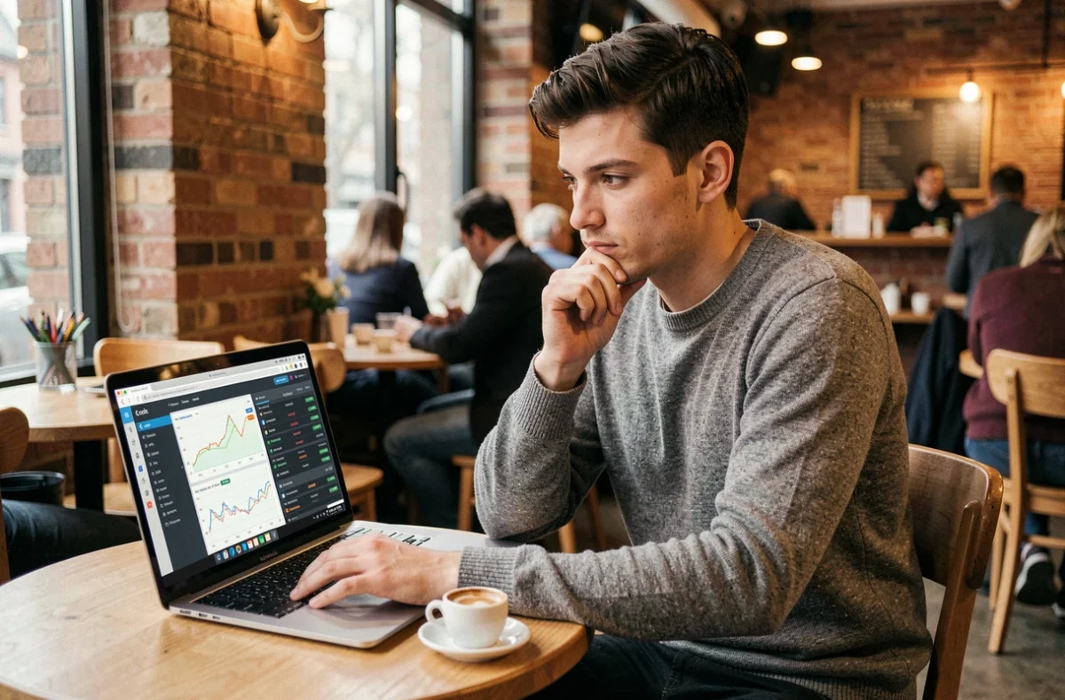 Jeune investisseur consultant une plateforme de trading ETF et CFD dans un café urbain