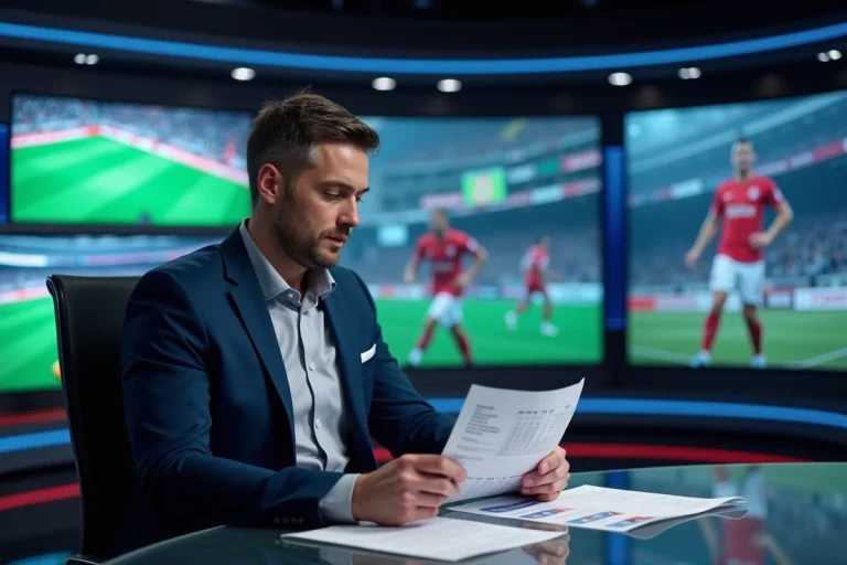 Journaliste sportif analysant des résultats en direct dans un studio de télévision moderne avec écrans de scoreboards