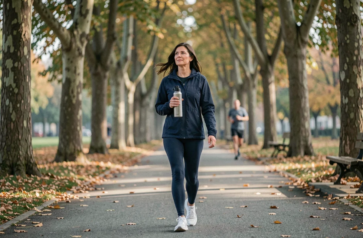 Femme marchant dans un parc urbain boisé en automne dans le cadre de ses habitudes bien-être au quotidien