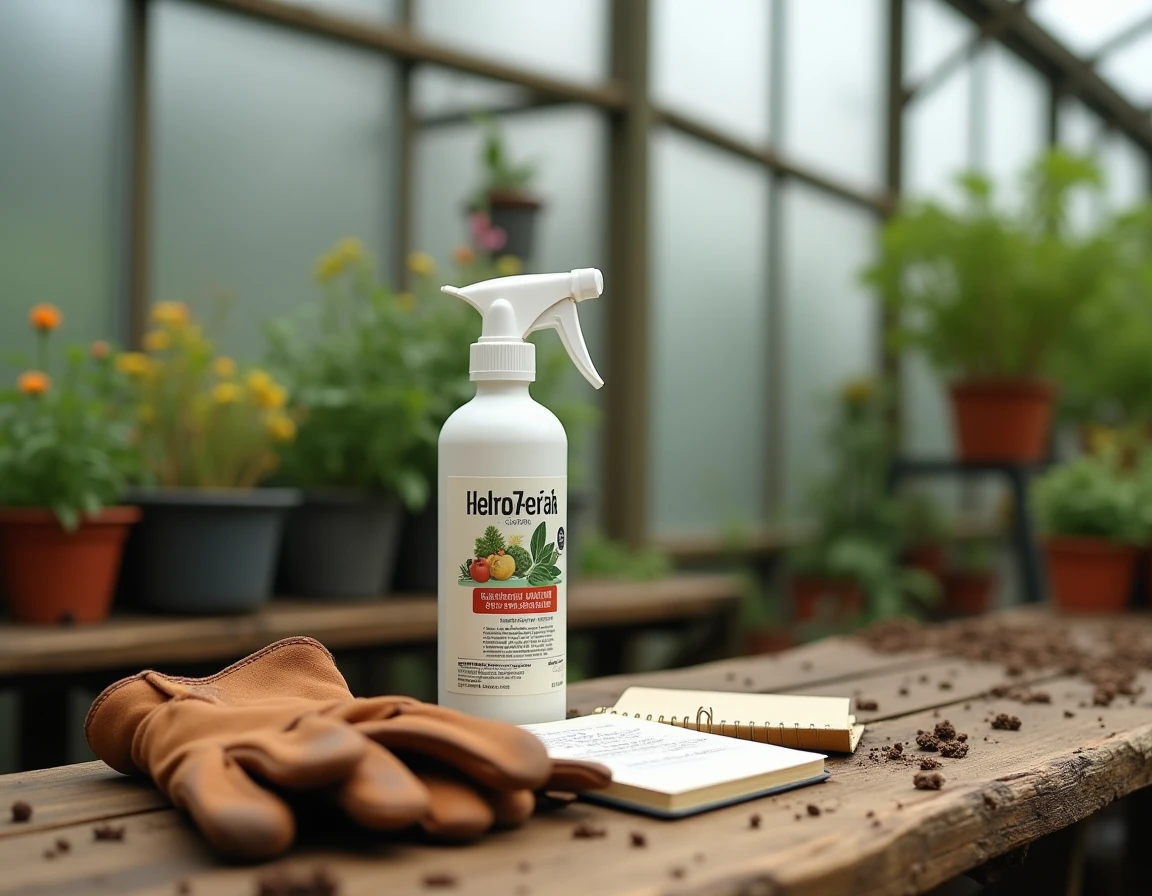 Bouteille de désherbant glyphosate, pulvérisateur et gants de jardinage posés sur un établi en bois dans un jardin