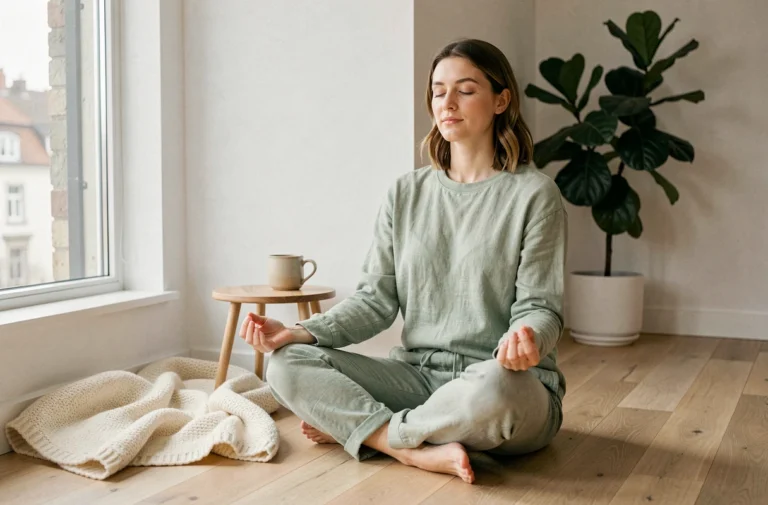 Femme pratiquant la méditation matinale dans un salon minimaliste scandinave pour prendre soin de son bien-être quotidien