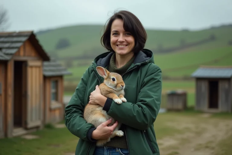 Militante pour la libération animale tenant tendrement un lapin sauvé dans ses bras dans un sanctuaire rural