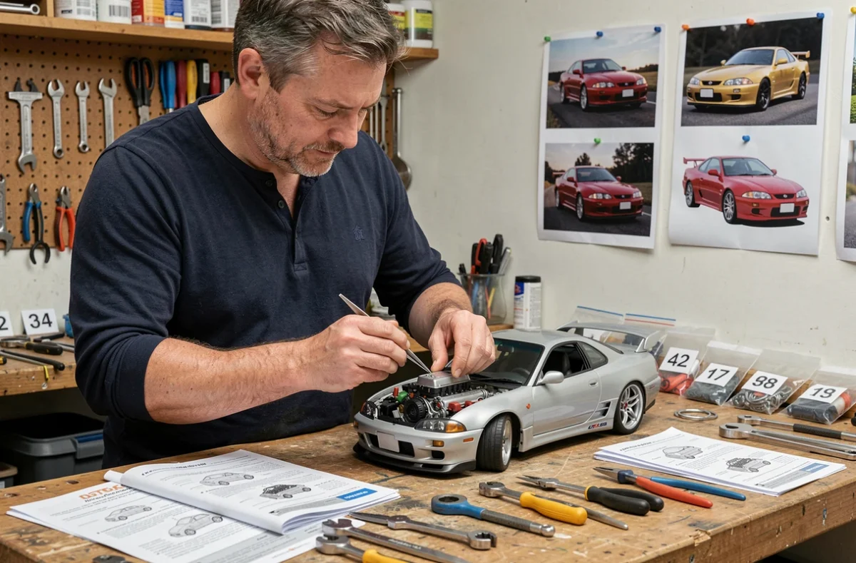 Passionné de modélisme assemblant une Nissan Skyline GT-R à l'échelle 1/8 sur un établi de garage organisé