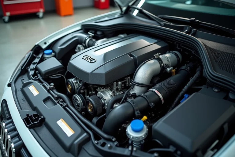 Moteur TFSI 2.0 turbocompressé sous le capot d'un véhicule dans un atelier automobile professionnel