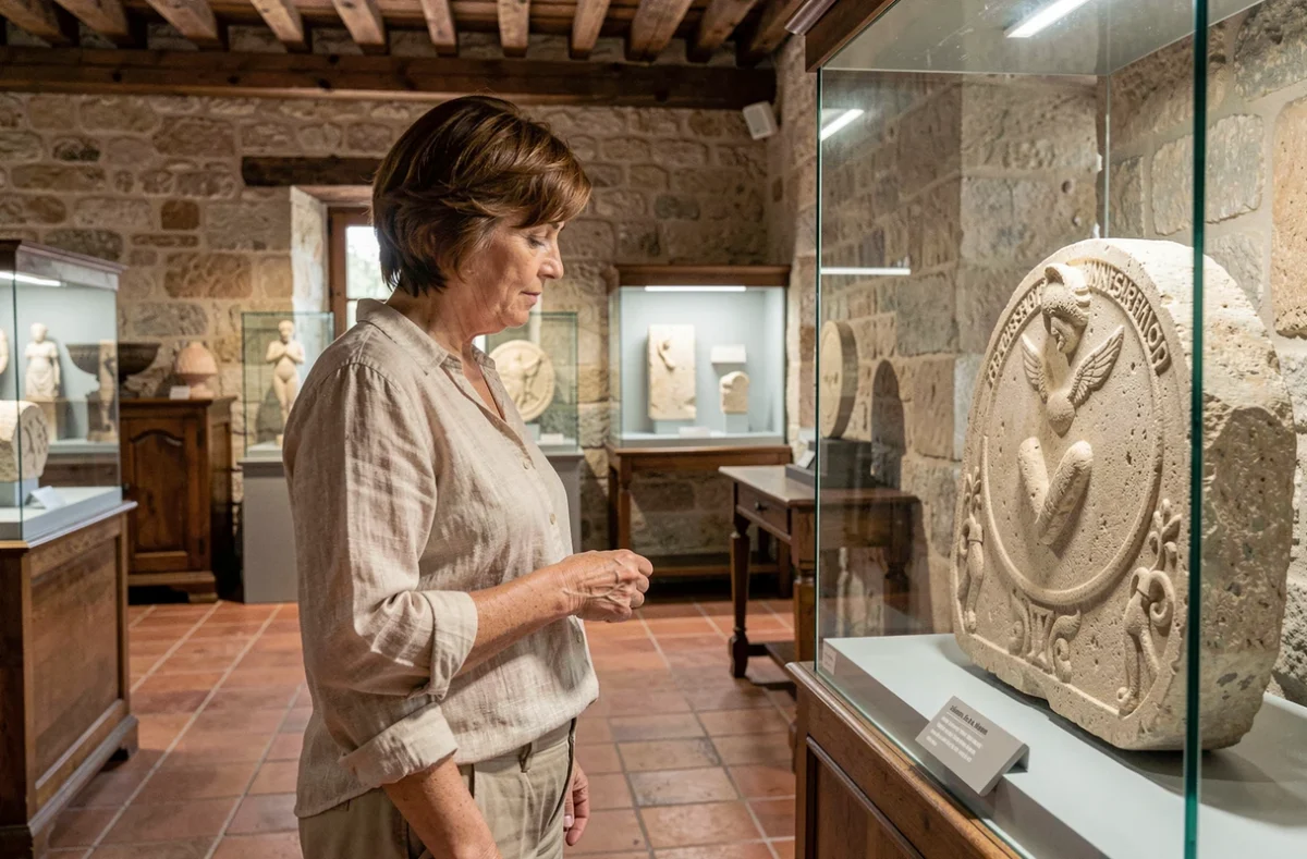 Femme examinant un artefact gallo-romain dans un musée du patrimoine à Apt, Luberon, entouré de murs en pierre calcaire et de poutres en bois ancien