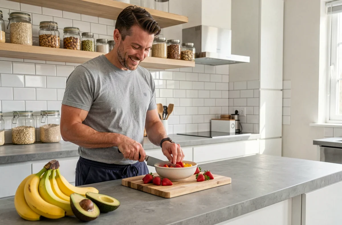 Homme préparant un bol de petit-déjeuner sain et coloré dans une cuisine moderne dans le cadre d'une routine bien-être
