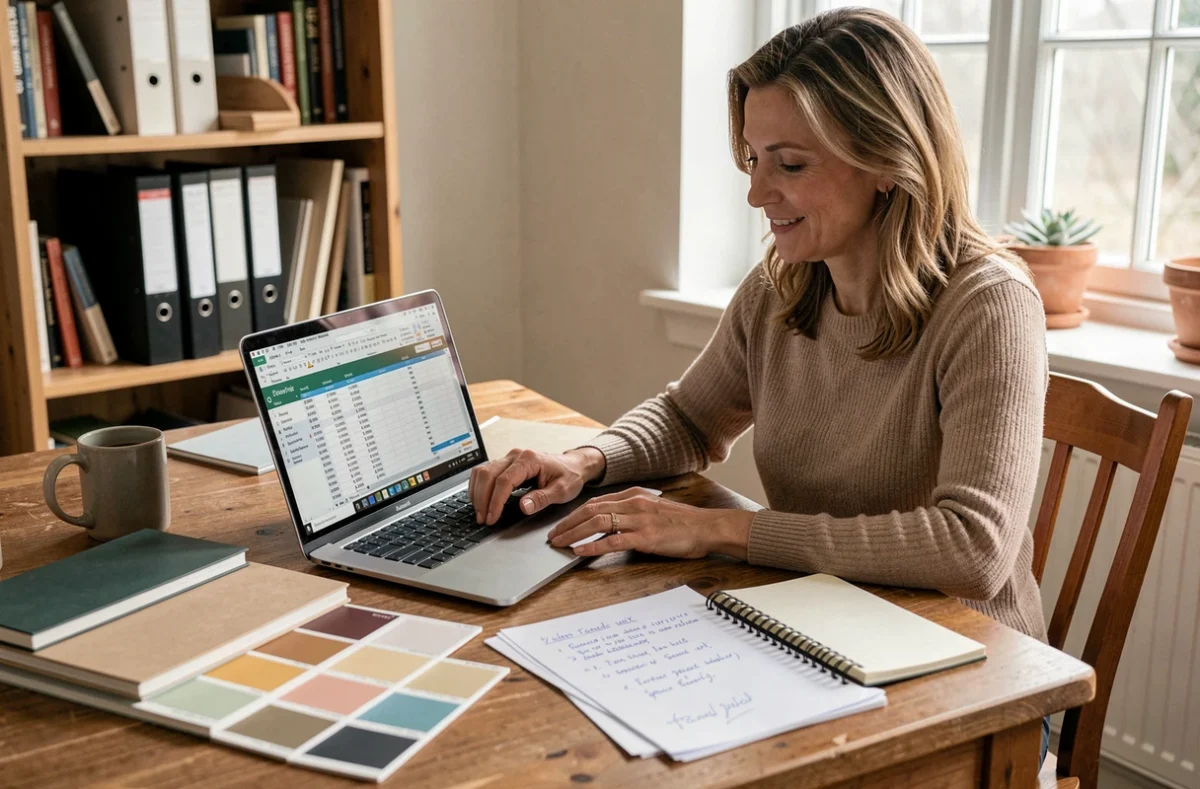 Femme planifiant un budget travaux de 30 000 euros avec des échantillons de matériaux et un ordinateur portable sur une table