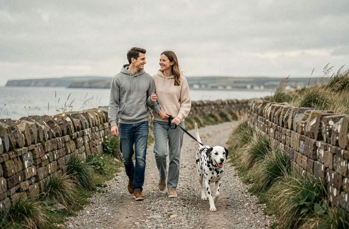 Jeune couple promenant un dalmatien en laisse sur un sentier côtier avec vue sur le bord de mer