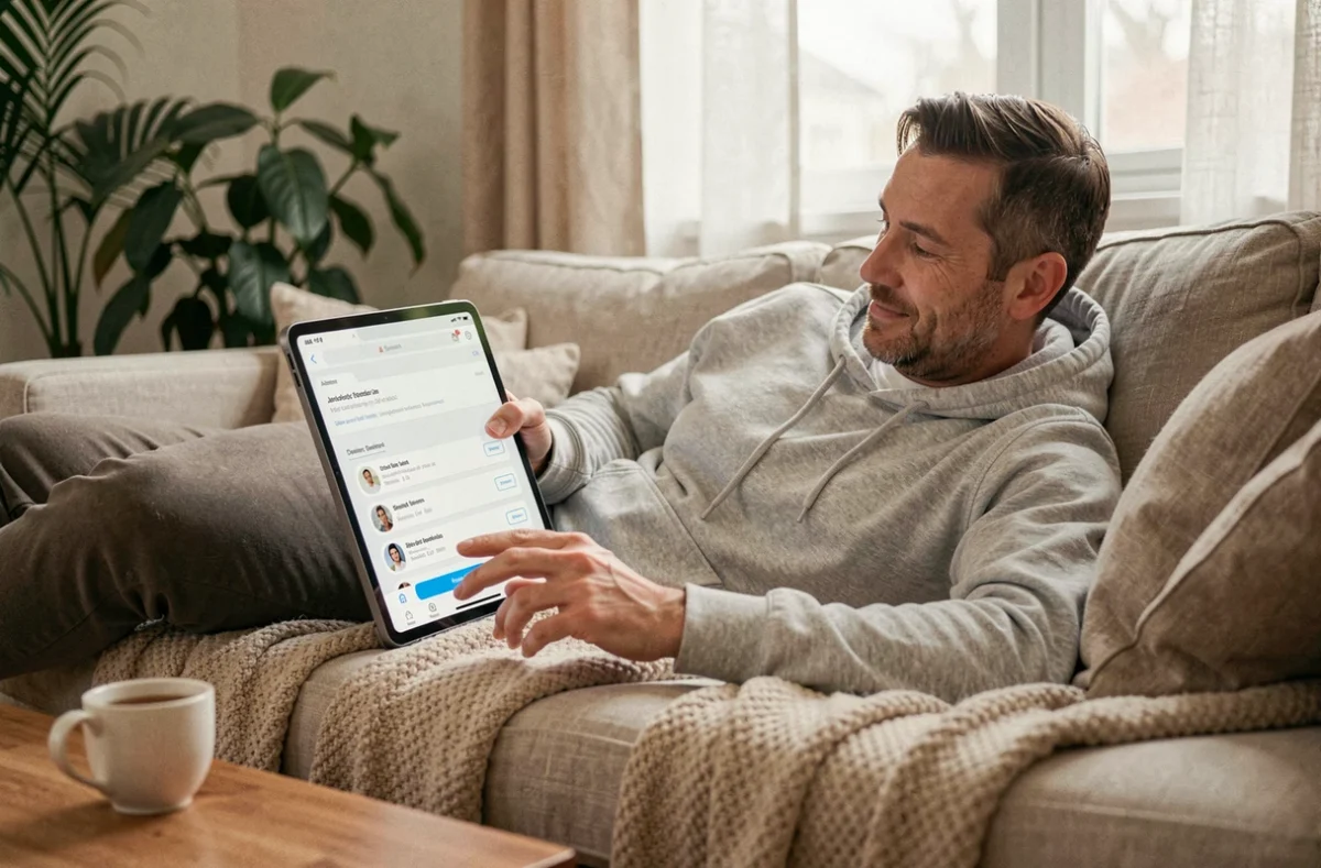 Personne recherchant une offre d'emploi sur tablette depuis son canapé à domicile dans une atmosphère détendue