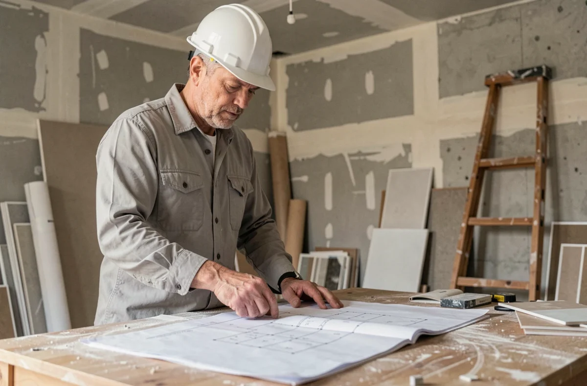 Homme avec casque de chantier étudiant des plans de rénovation dans une cuisine en travaux avec budget de 30 000 euros