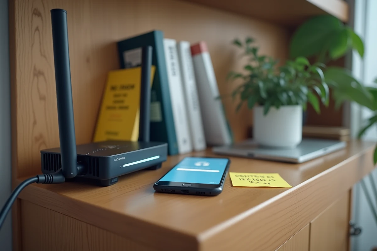 Routeur Wi-Fi domestique avec câble Ethernet et smartphone affichant la page de connexion à l'adresse IP 192.168.1.1