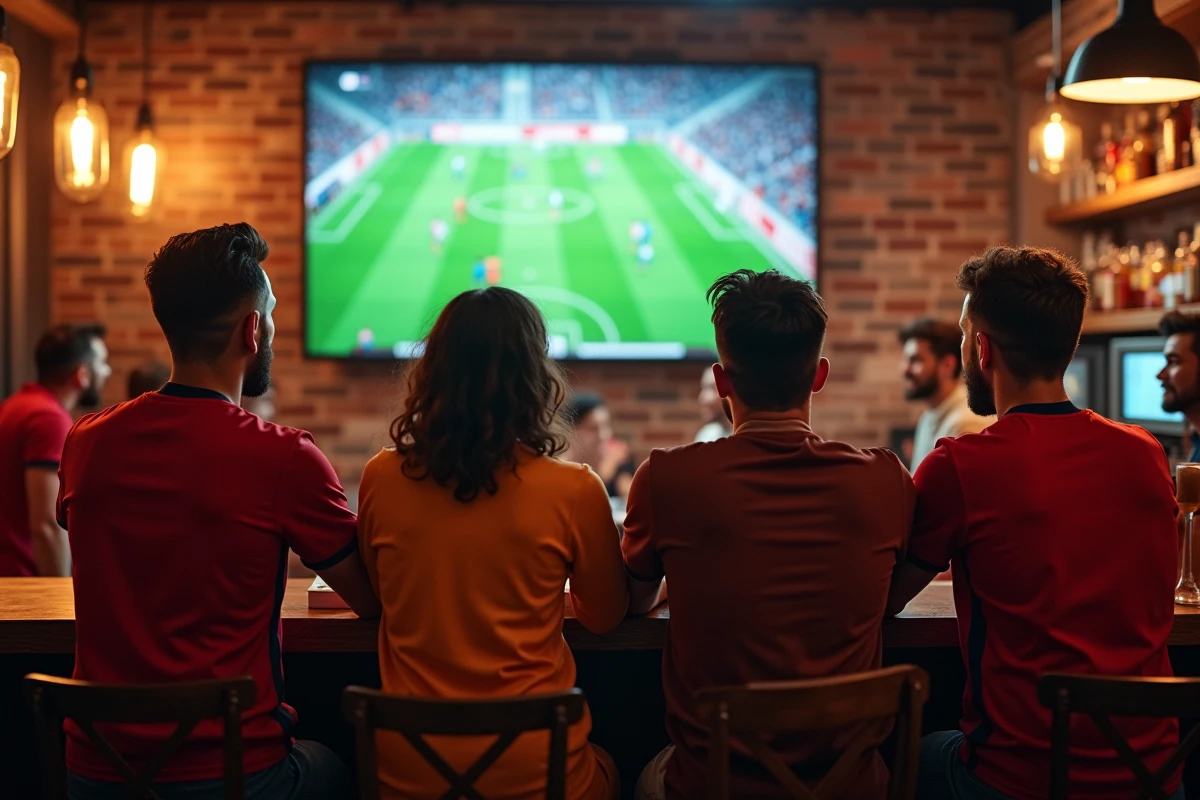 Groupe de supporters regardant un match de football dans un bar sportif animé avec écrans de retransmission