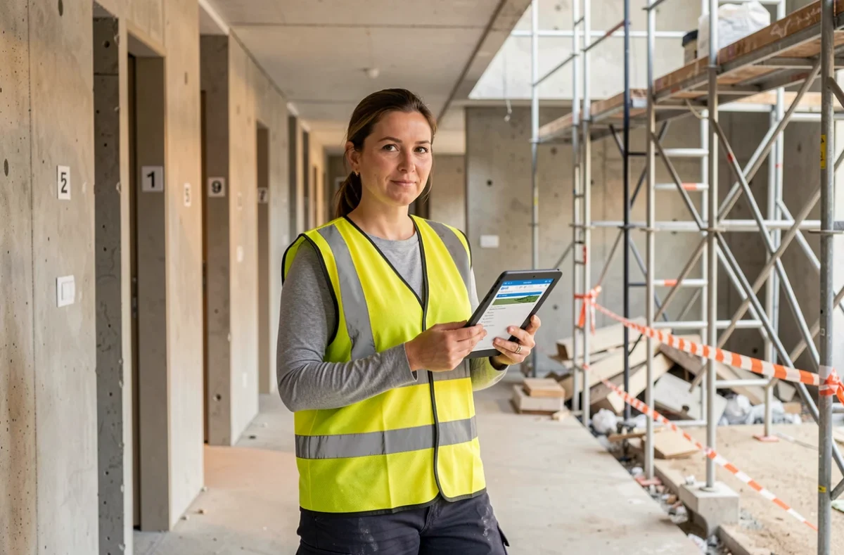 Syndic de copropriété inspectant l'avancement des travaux dans un couloir d'immeuble en rénovation avec une tablette