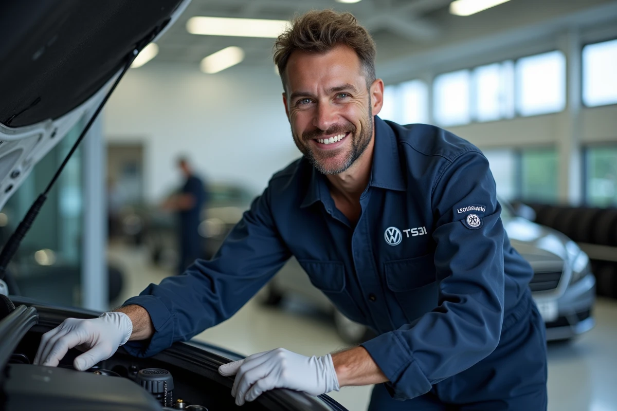 Technicien automobile expliquant les caractéristiques d'un moteur TSI dans un centre de service de concession