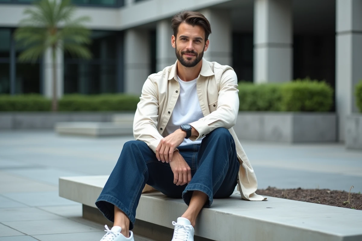 Homme en jean large et chemise en lin tendance mode printemps 2024, style urbain décontracté