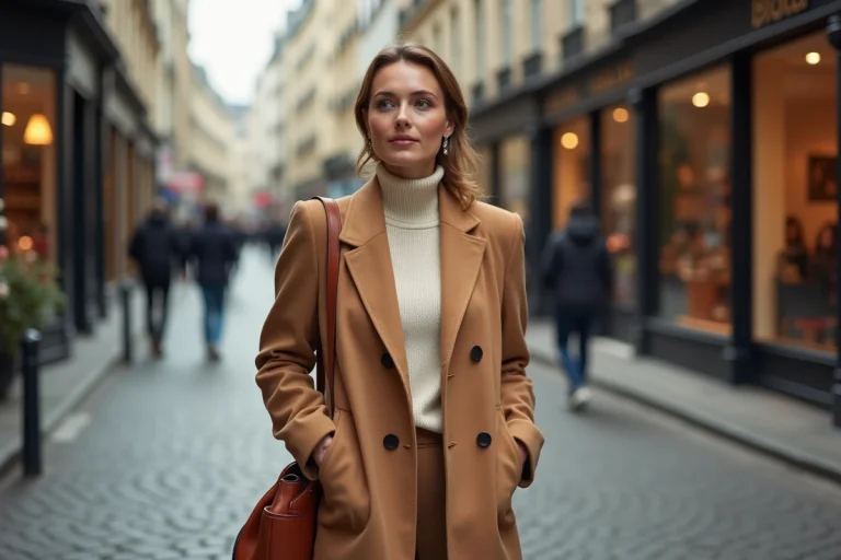 Femme élégante en manteau camel tendance automne-hiver 2024 dans une rue pavée parisienne