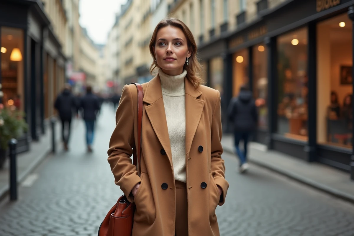 Femme élégante en manteau camel tendance automne-hiver 2024 dans une rue pavée parisienne