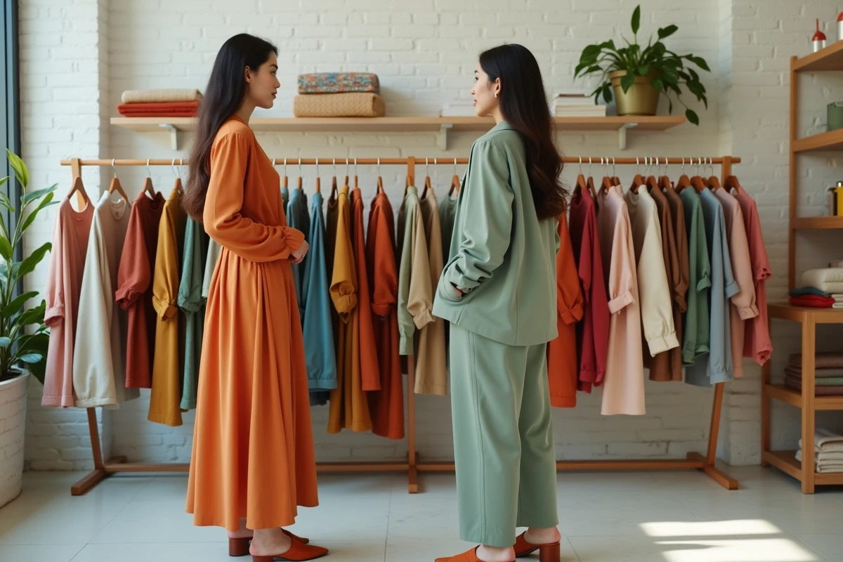 Deux femmes découvrant les nouvelles collections de mode 2024 dans une boutique concept minimaliste