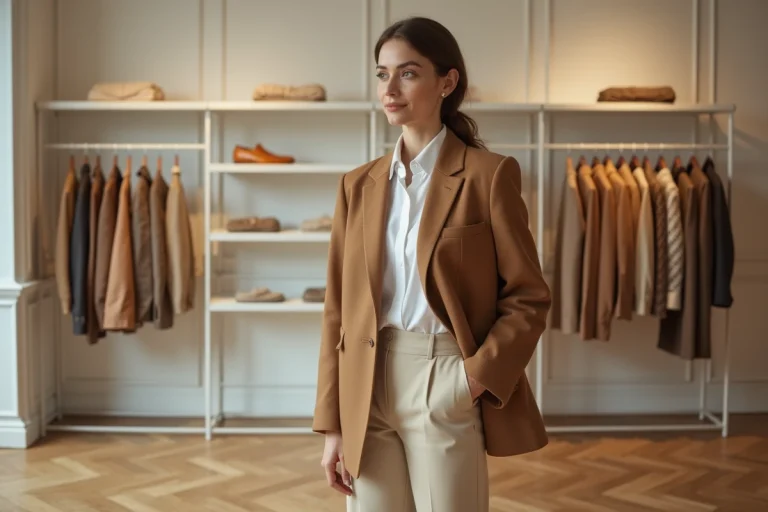 Femme trendy en blazer camel oversized dans une boutique de mode parisienne, tendances mode saison