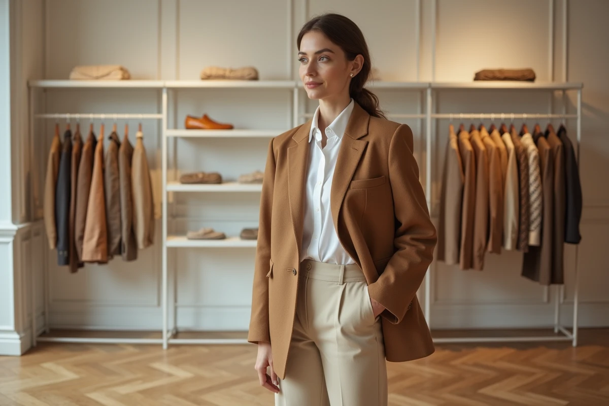 Femme trendy en blazer camel oversized dans une boutique de mode parisienne, tendances mode saison