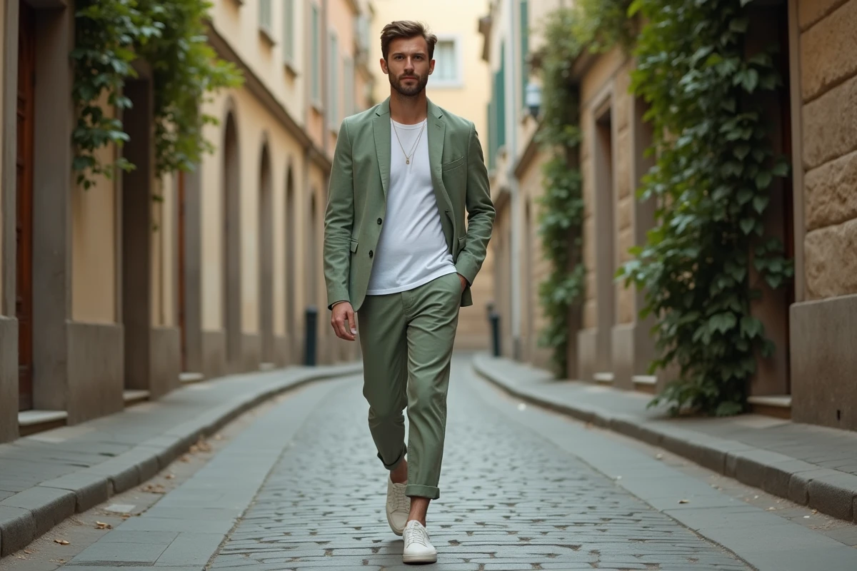 Homme en costume lin vert sauge marchant dans une rue pavée européenne, mode masculine tendance
