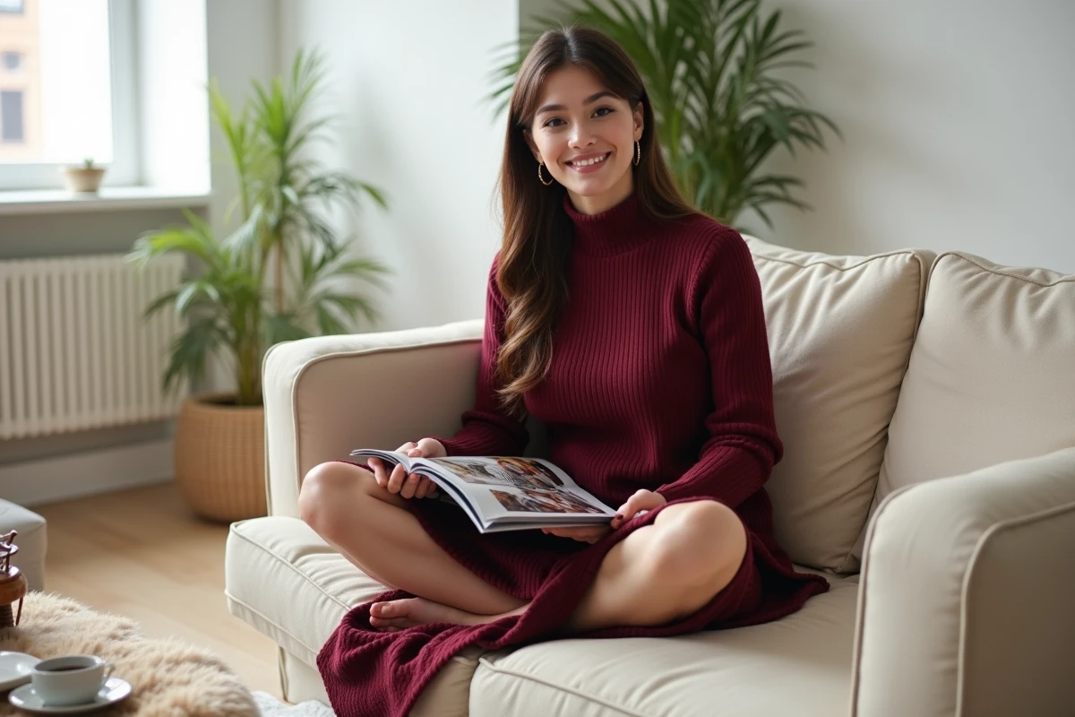 Femme en robe tricot côtelé bordeaux assise dans un appartement moderne, tendances mode automne hiver