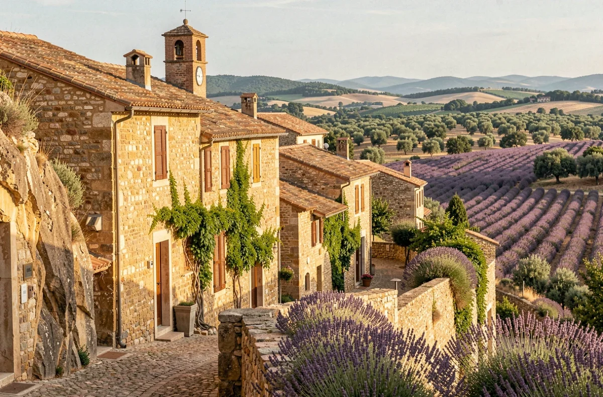 Village en pierre ocre perché sur une colline du Pays d'Apt, avec ruelles pavées, toits en tuiles et champs de lavande en arrière-plan dans le Luberon en Provence