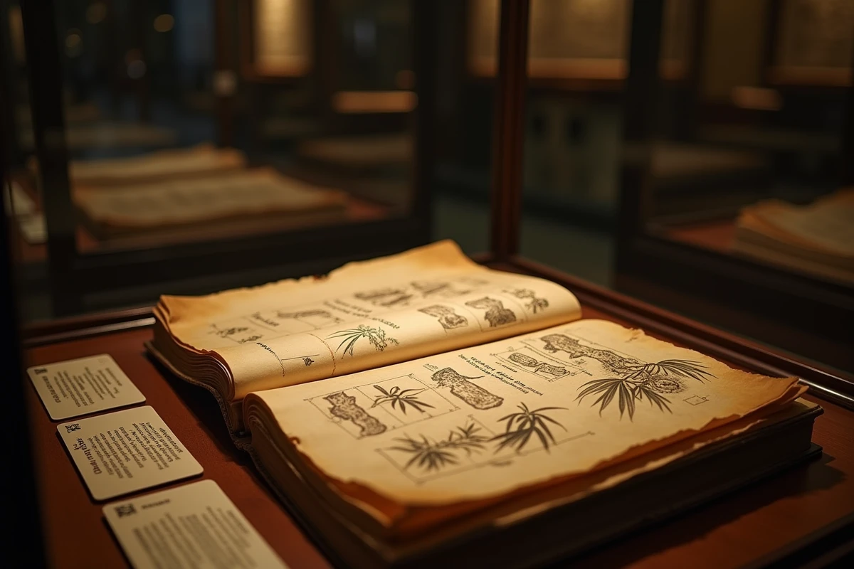Vitrine de musée avec documents historiques sur les méthodes de torture médiévales incluant le bambou